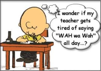Charlie Brown in class thinking