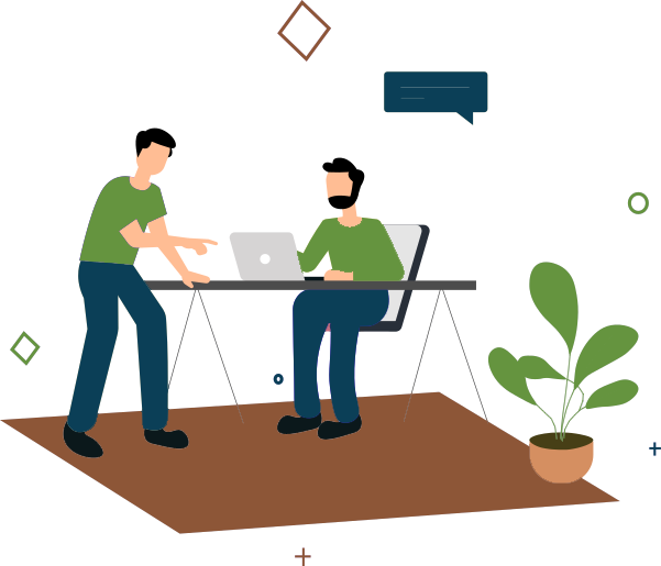 Two men at desk talking graphic