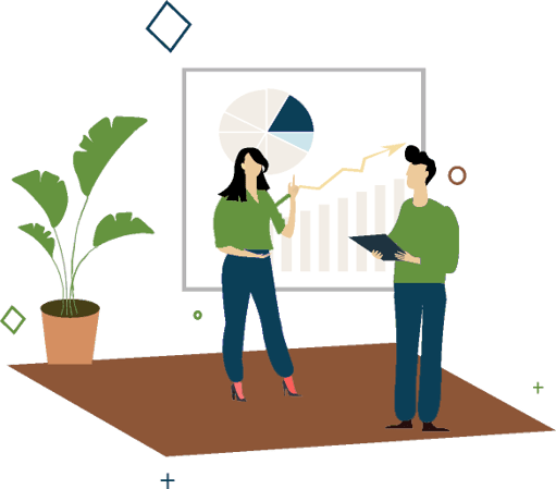 man and Woman looking at statistic on whiteboard graphic