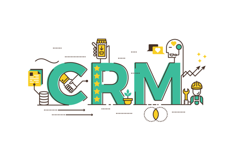 CRM : Customer relationship management word lettering typography design illustration with line icons and ornaments in green theme